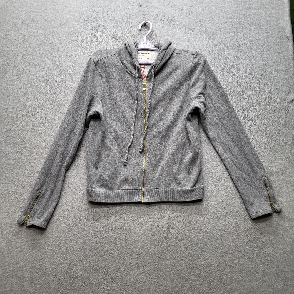 True Religion Women Hoodie M Gray Stud Design Zipper Studded Rhinestones